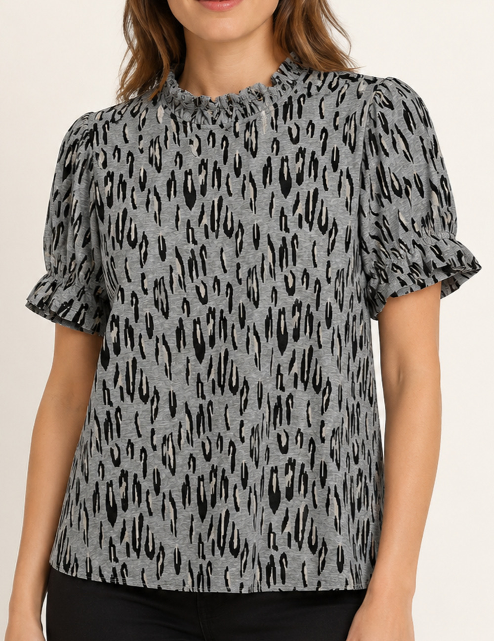 THML XS Gray Black Animal Print Puff Sleeve Ruffle Mock Neck Blouse Coquette
